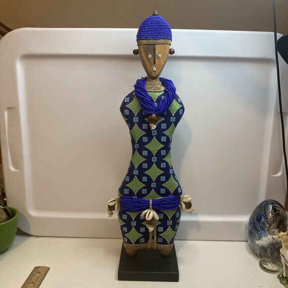 Namji african fertility doll hand carved wood w/ beads blue beads 17” H